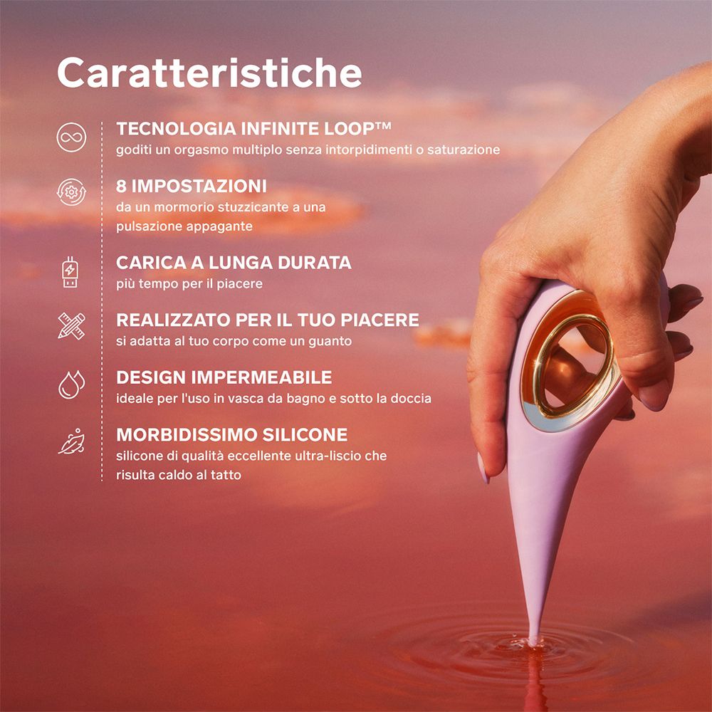 Hand hält lila Vibrator. Text: Infinite Loop Technologie, 8 Einstellungen, wasserdicht, Silikon. Roter Hintergrund.