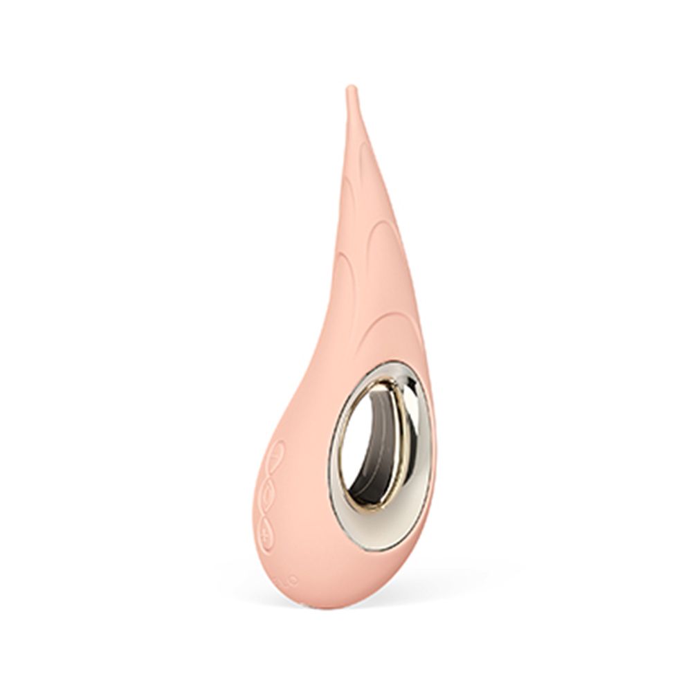 Rosa Vibrator mit ovaler Öffnung und goldfarbenem Rand. Tropfenförmig mit Spitze. Glatte Oberfläche.