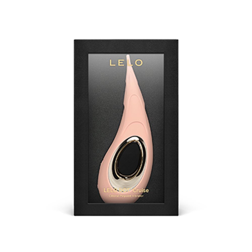 Rosa Vibrator in schwarzer Verpackung mit Sichtfenster. Goldener Schriftzug LELO. Produktname: Dot Cruise.