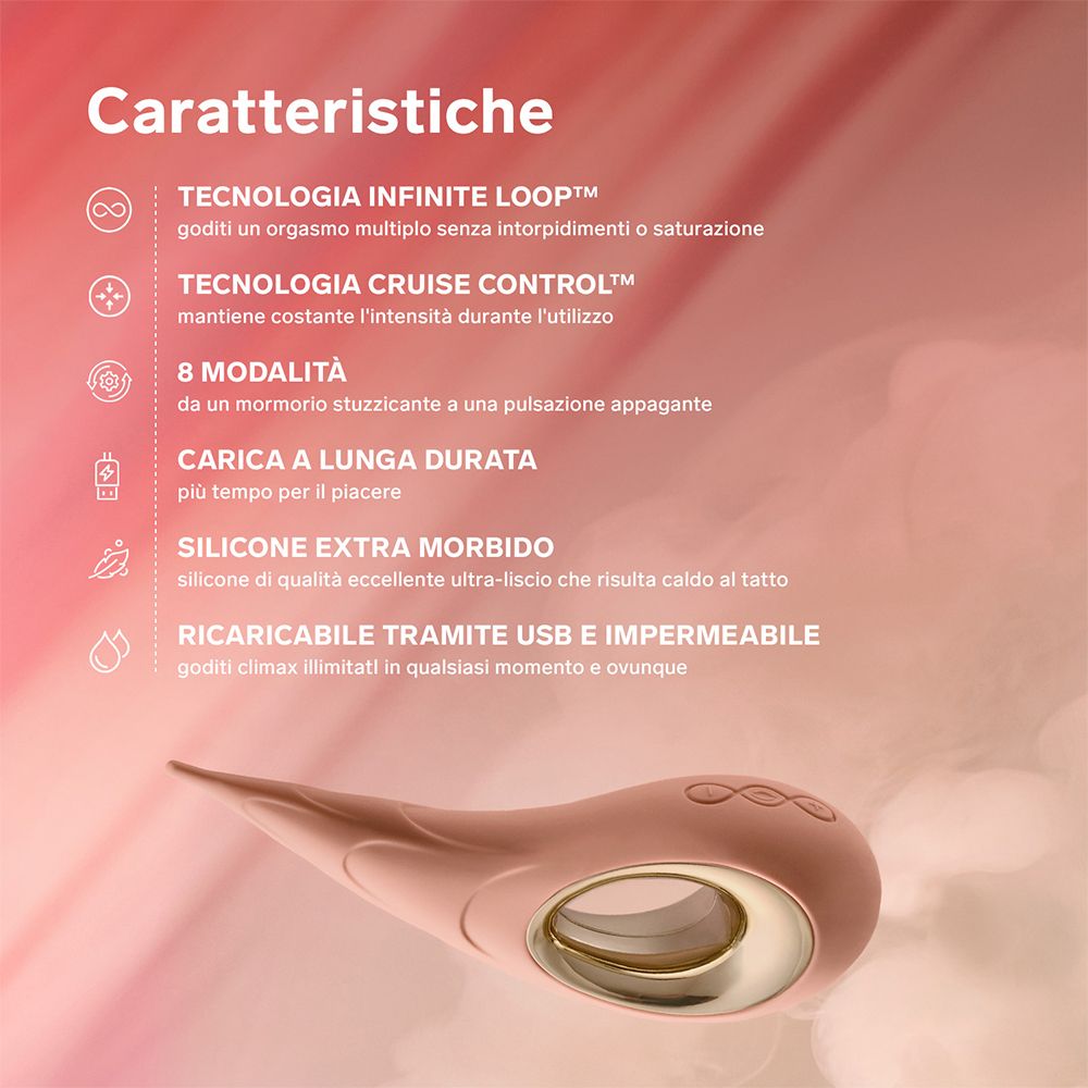 Rosa Vibrator mit Eigenschaften. Text: Infinite Loop Technologie, Cruise Control, 8 Modi, USB-Aufladung, wasserdicht.