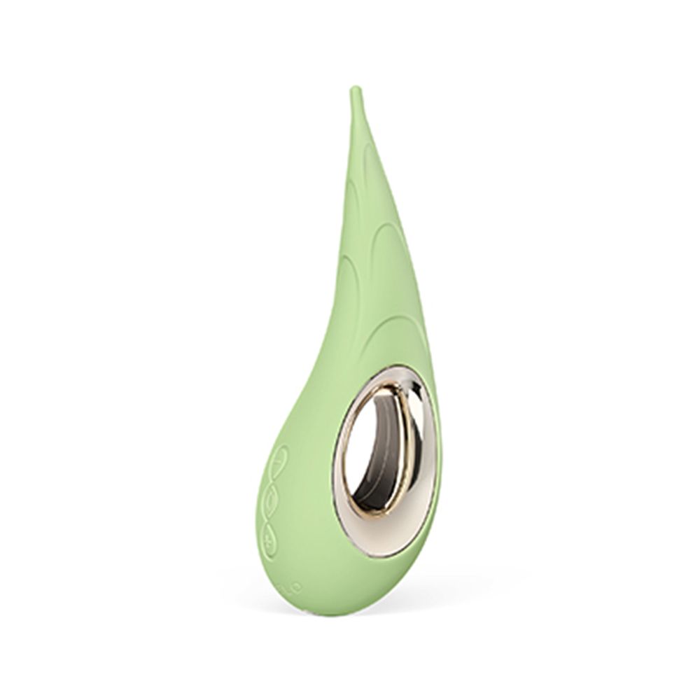Grüner Vibrator mit goldfarbenem Ring. Tropfenförmig mit abgerundeter Basis und spitzem Ende.