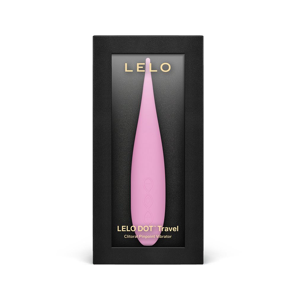 Schwarze Verpackung mit Sichtfenster. Rosa Vibrator sichtbar. Aufschrift LELO DOT Travel.
