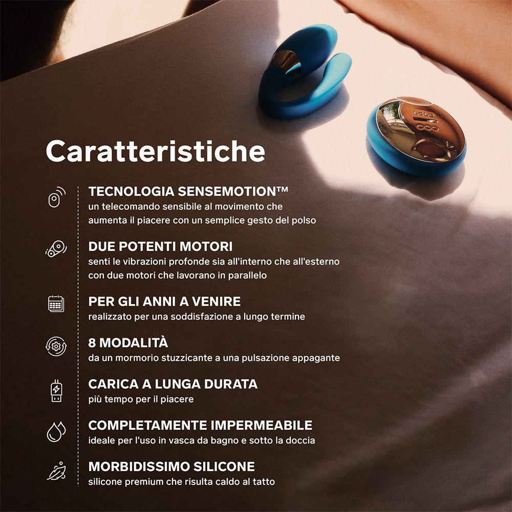 Eigenschaften des LELO Tiani Duo. Text mit 'SenseMotion', 'Zwei Motoren', '8 Modi', 'Wasserdicht'.