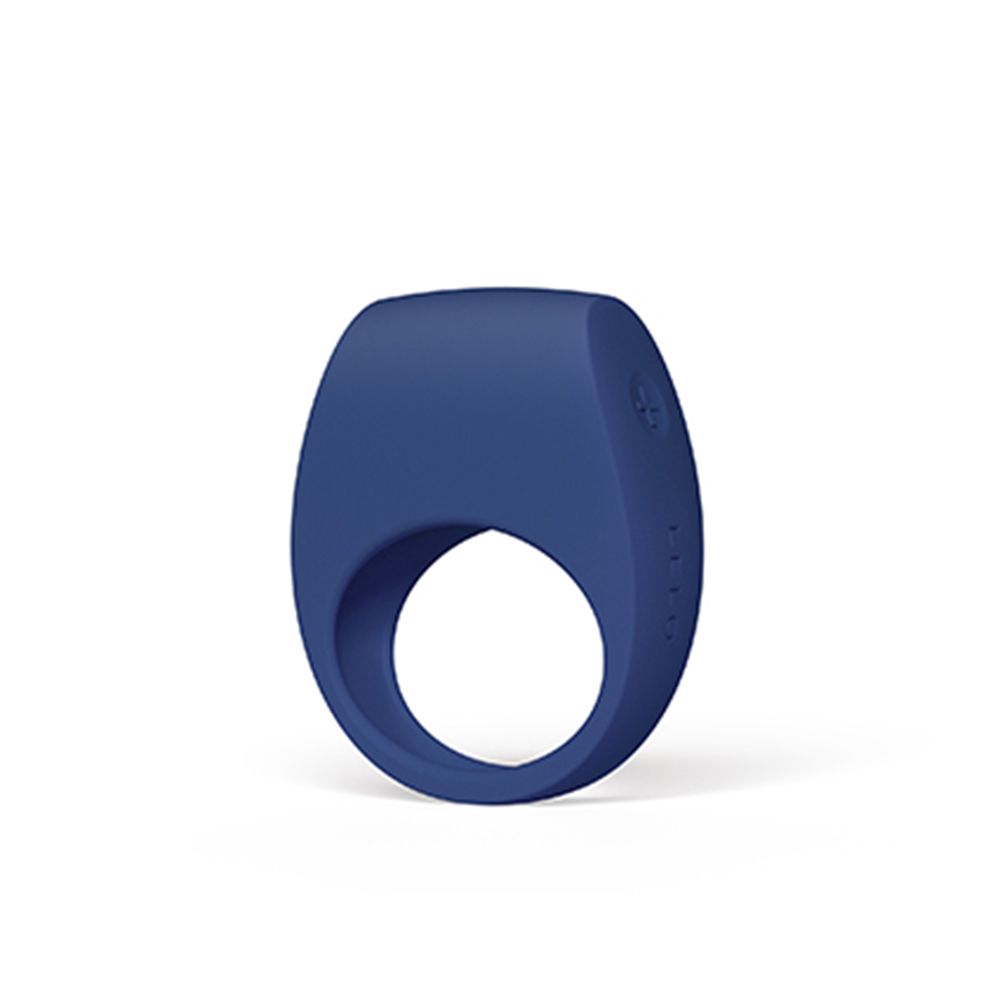 Blauer Ringvibrator. Ovales Design mit Loch in der Mitte. Knöpfe an der Seite.