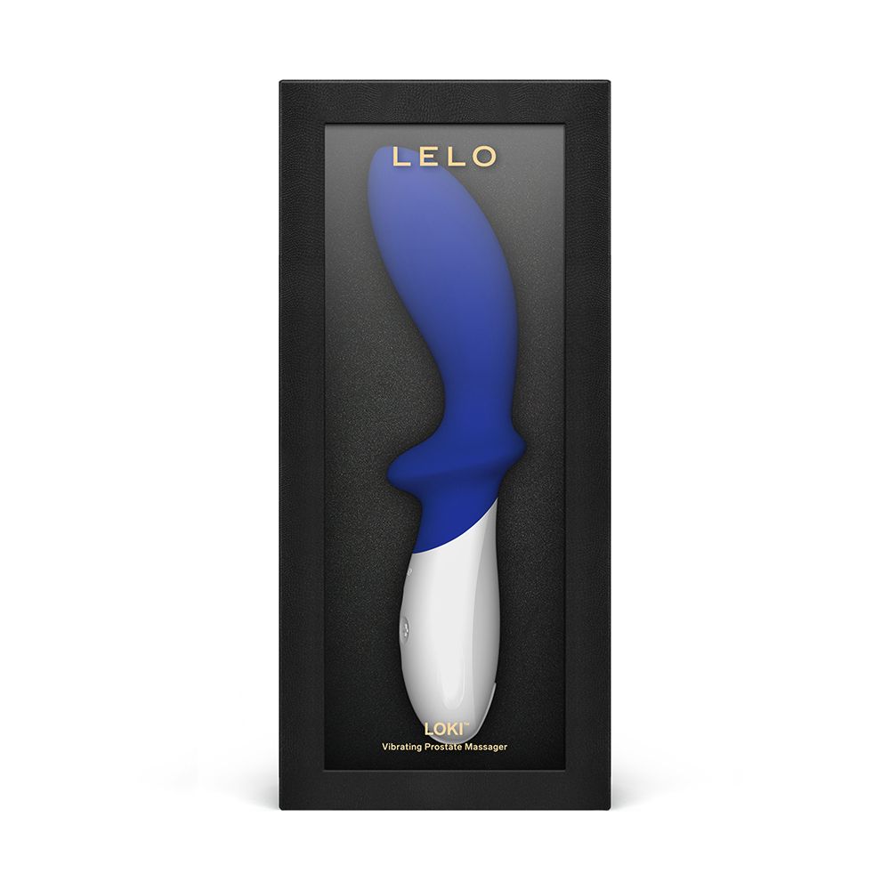 Wellness-Produkt in schwarzer Verpackung. Sichtfenster. Produkt blau-weiß. Marke LELO.