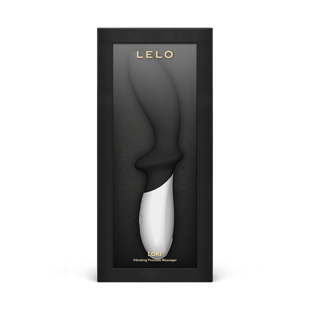 Schwarze Produktverpackung mit LELO-Logo und Produkt. Sichtbares Massagegerät in Schwarz und Weiß.