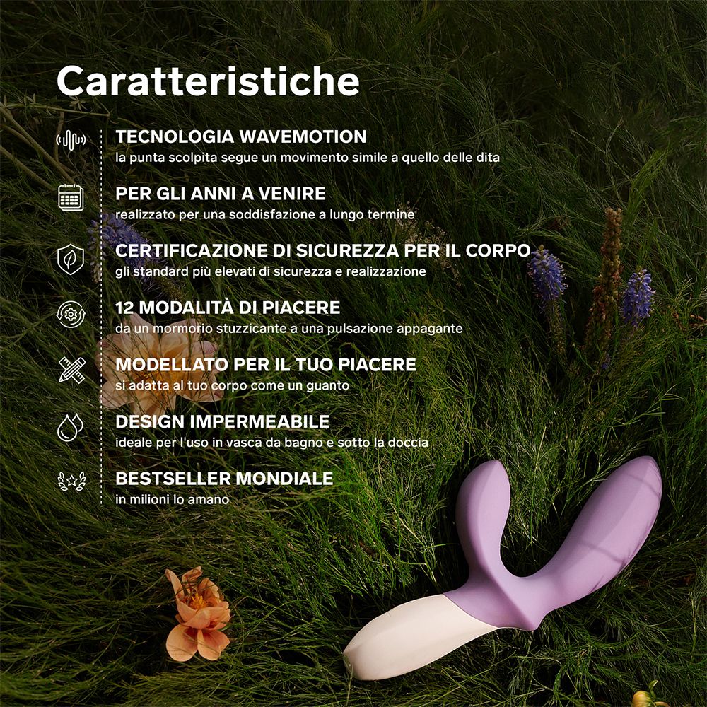 Wellness-Produkt in lila und weiß. Auf Gras. Zeigt WaveMotion-Technologie, Zertifizierung, 12 Modi.