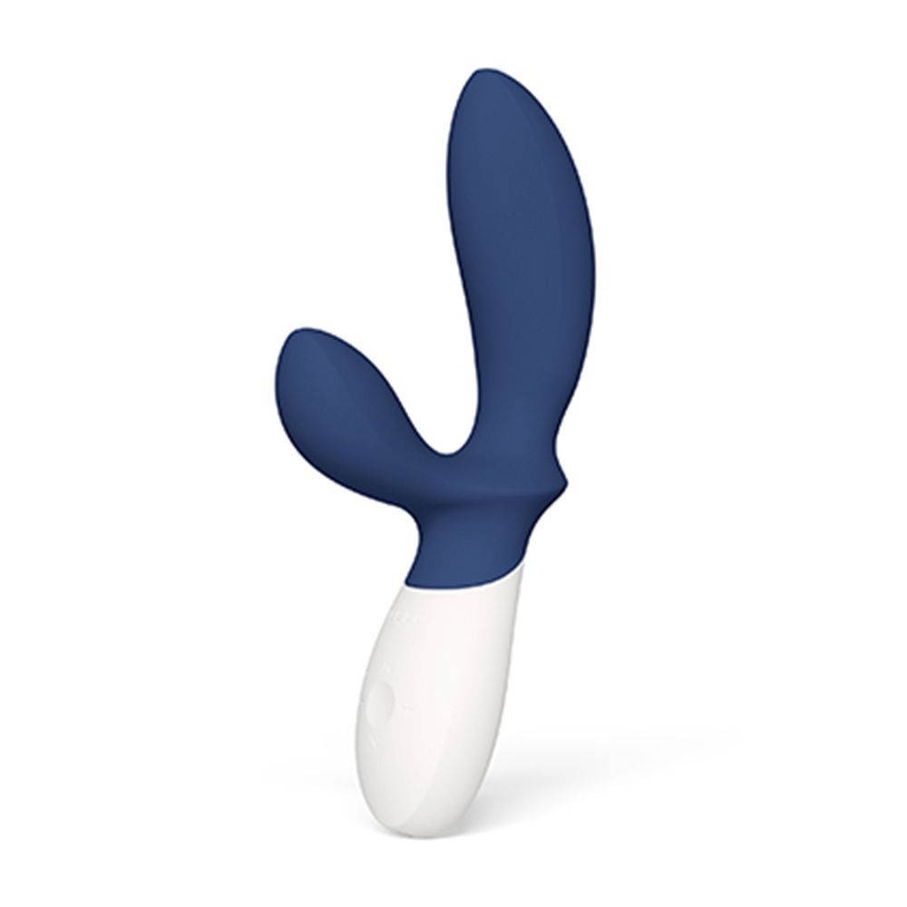 Blau-weißes Wellness-Produkt. Geformt mit zwei Armen und einem Griff. Aus Silikon.