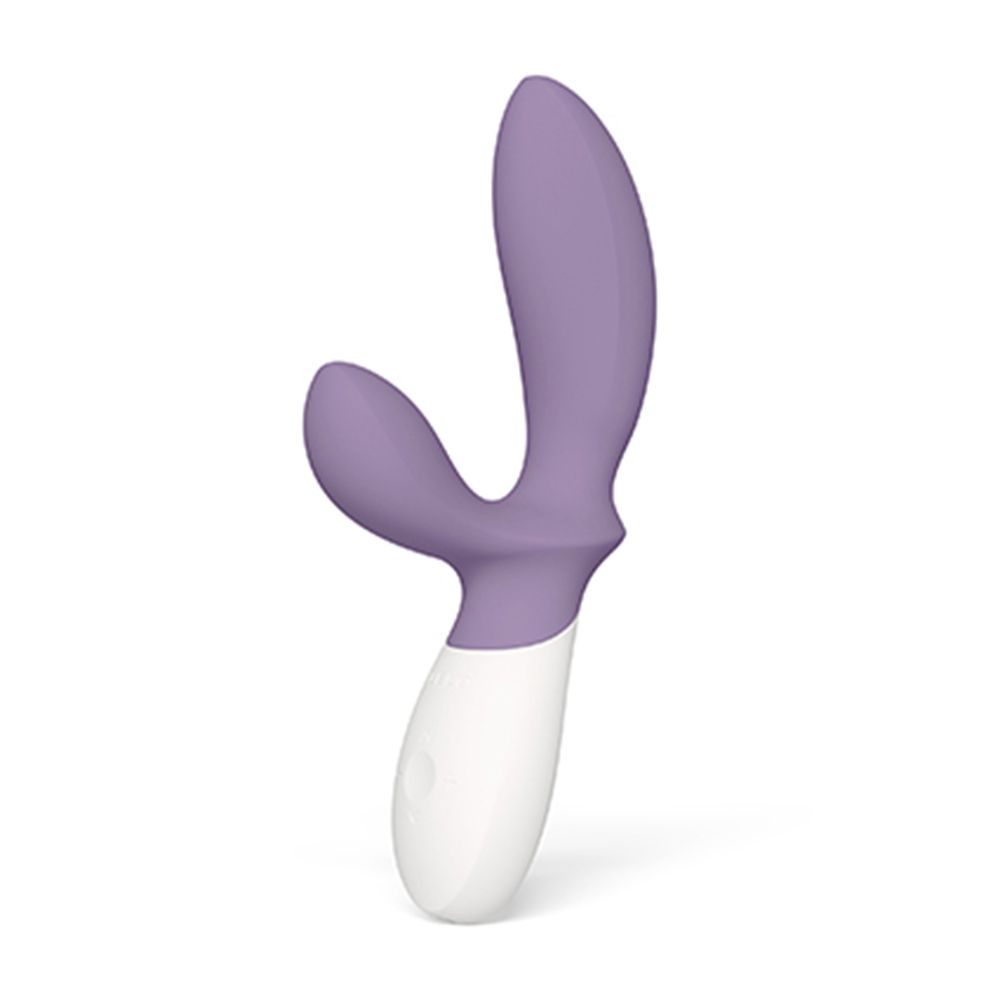 Lila-weißes Wellness-Produkt. Zweiteilig, geschwungene Form. Für den Intimbereich.