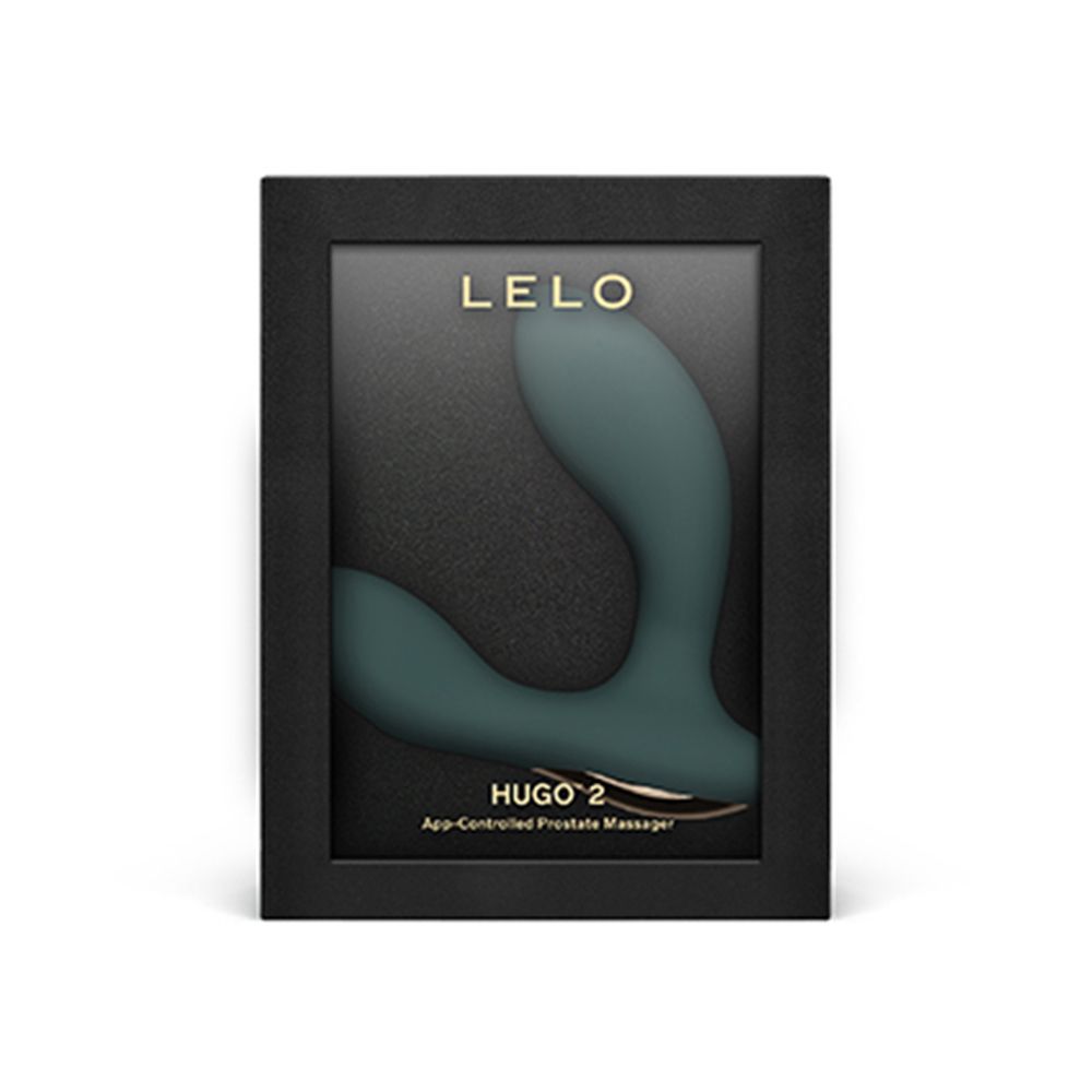 Schwarze Verpackung mit LELO-Logo. Produkt durch Fenster sichtbar. Text: HUGO 2.