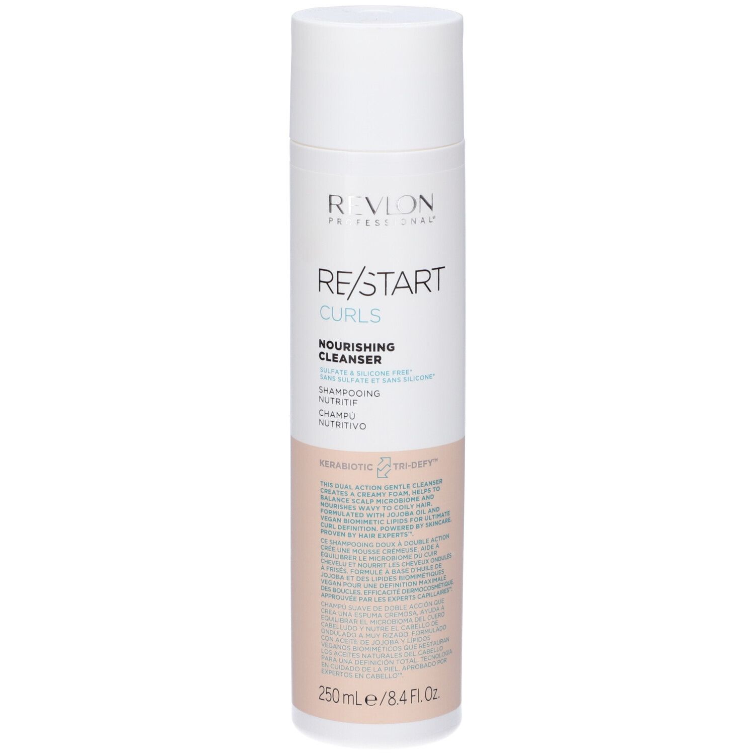 Weiß-rosa Shampoo-Flasche. Aufschrift: Revlon Professional, Re/Start Curls, Nourishing Cleanser. 250ml/8.4 fl.oz.