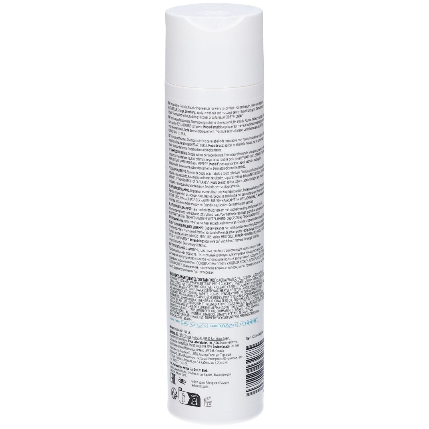 Rückseite der Shampoo-Flasche. Text in mehreren Sprachen. Inhaltsstoffe und Herstellerangaben.