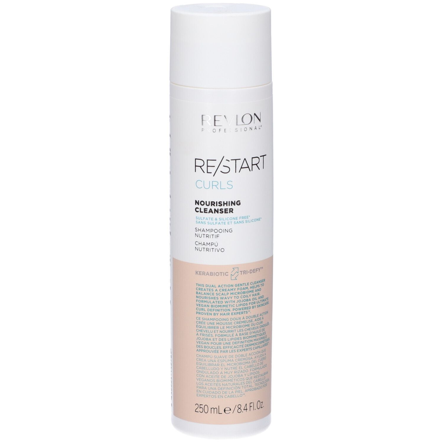 Weiß-rosa Shampoo-Flasche. Aufschrift: Revlon Professional, Re/Start Curls, Nourishing Cleanser. 250ml/8.4 fl.oz.