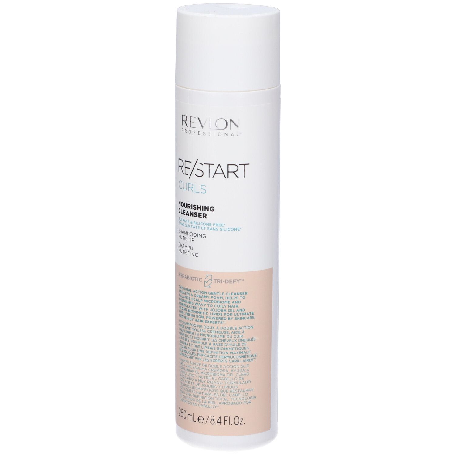 Weiß-rosa Shampoo-Flasche. Aufschrift: Revlon Professional, Re/Start Curls, Nourishing Cleanser. 250ml/8.4 fl.oz.