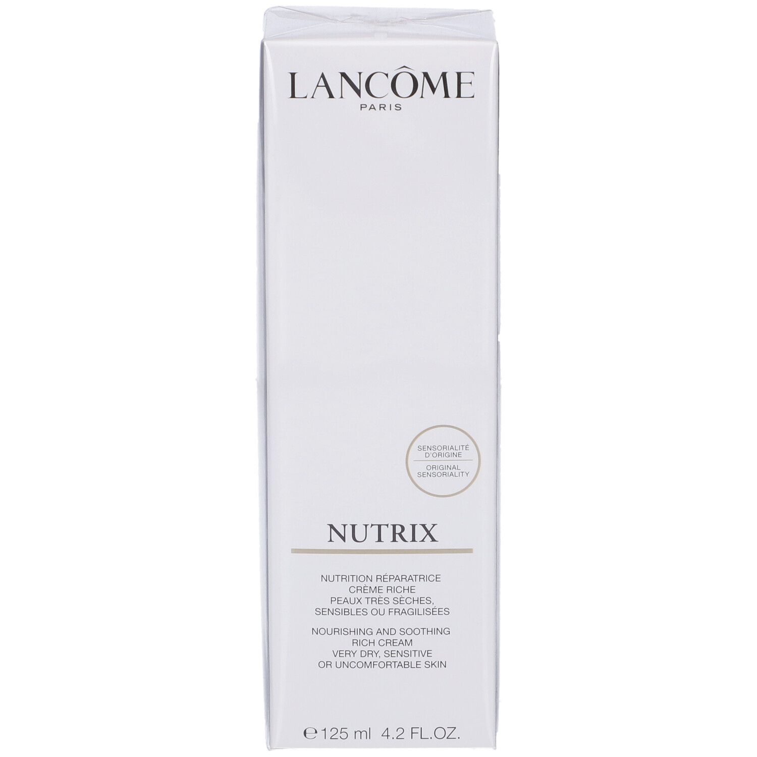 Lancôme Nutrix Nourishing and Soothing Rich Cream Verpackung. Vorderseite mit Logo, Produktname 'Nutrix' und Beschreibung.