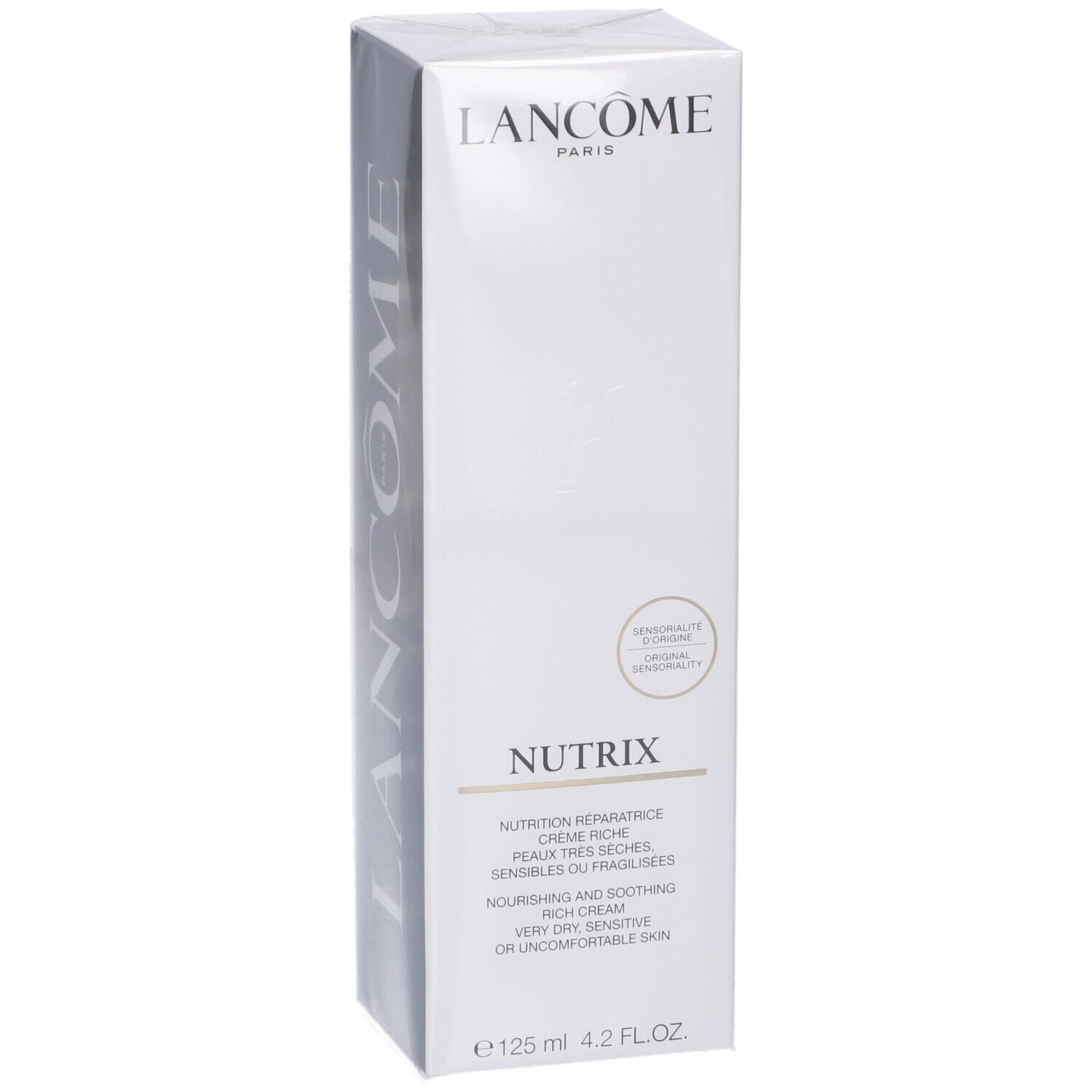 Lancôme Nutrix Nourishing and Soothing Rich Cream Verpackung. Seitenansicht mit vertikalem Lancôme-Schriftzug und Produktinformationen.