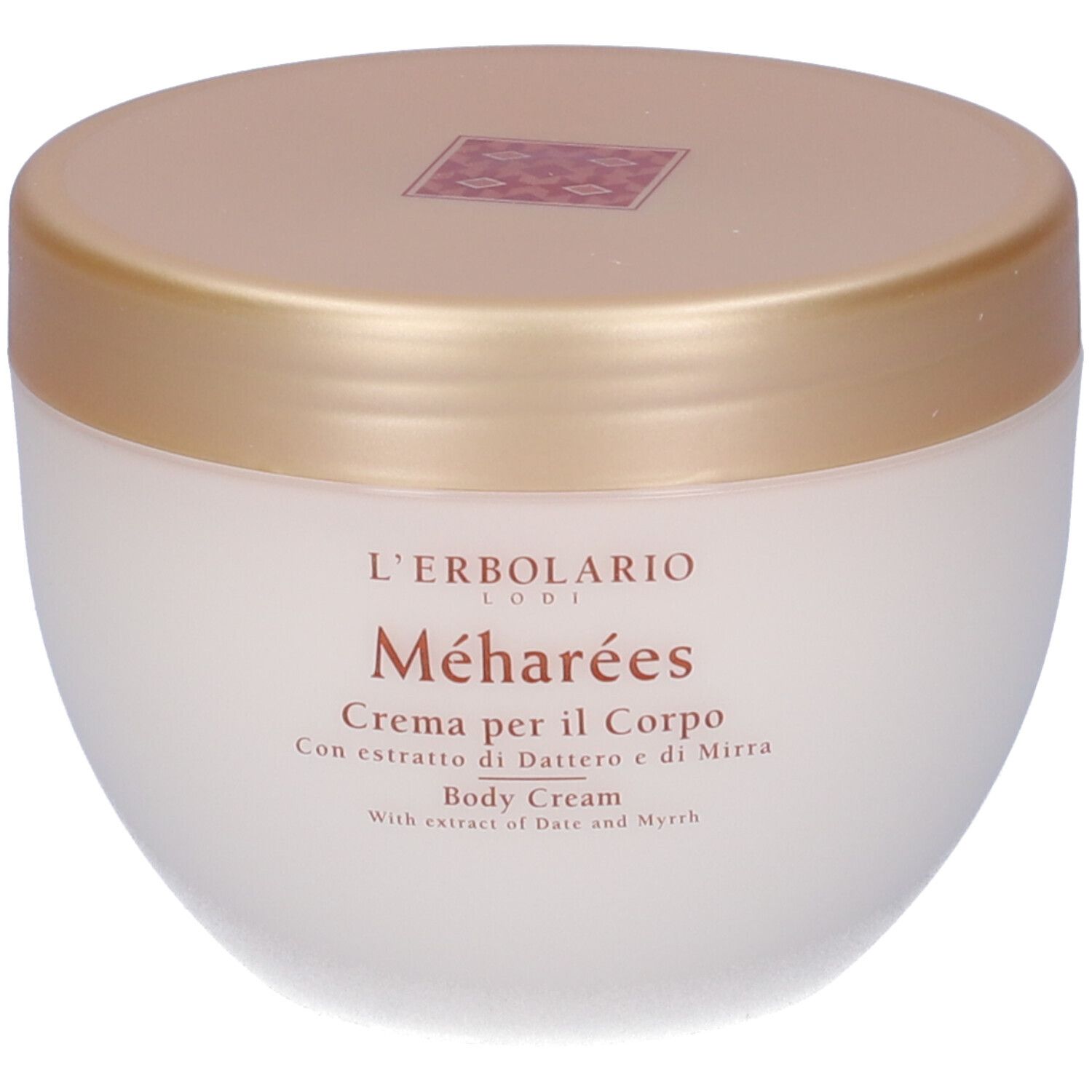 Cremebehälter mit goldenem Deckel. Aufschrift: L'Erbolario Méharées. Creme für den Körper. Mit Dattel- und Myrrhe-Extrakt.