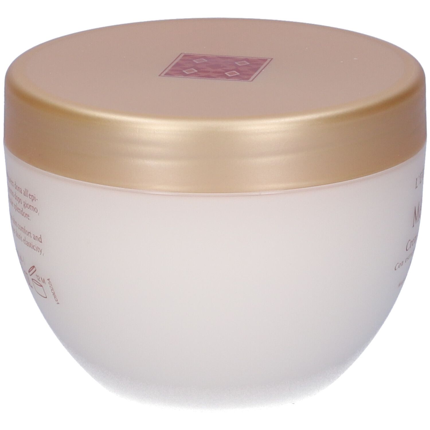 Cremebehälter mit goldenem Deckel. Aufschrift: L'Erbolario Méharées. Creme für den Körper. Mit Dattel- und Myrrhe-Extrakt.