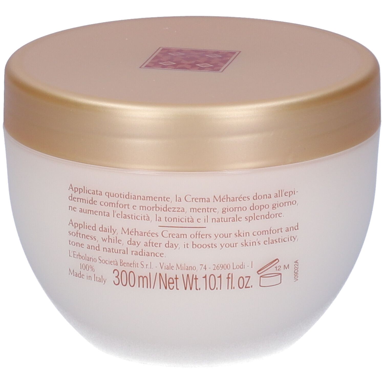 Cremebehälter mit goldenem Deckel. Text: Anwendung täglich, bietet Geschmeidigkeit und Ausstrahlung. 300 ml.