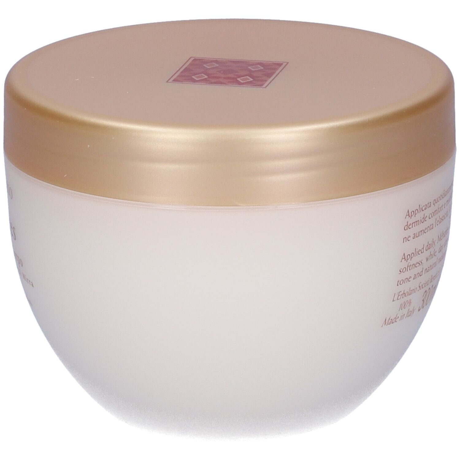 Cremebehälter mit goldenem Deckel. Text: Anwendung täglich, bietet Geschmeidigkeit und Ausstrahlung. 300 ml.