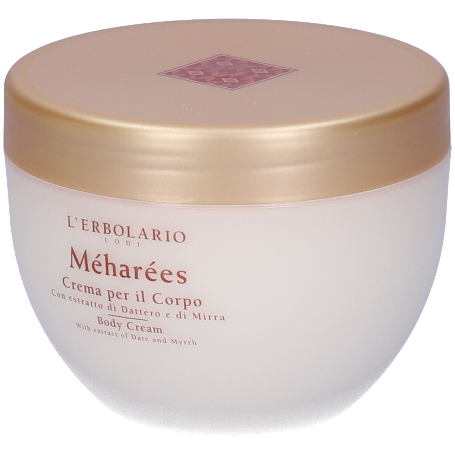 Cremebehälter mit goldenem Deckel. Aufschrift: L'Erbolario Méharées. Creme für den Körper. Mit Dattel- und Myrrhe-Extrakt.