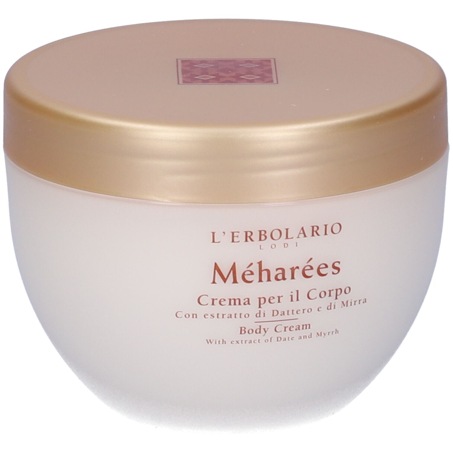 Cremebehälter mit goldenem Deckel. Aufschrift: L'Erbolario Méharées. Creme für den Körper. Mit Dattel- und Myrrhe-Extrakt.