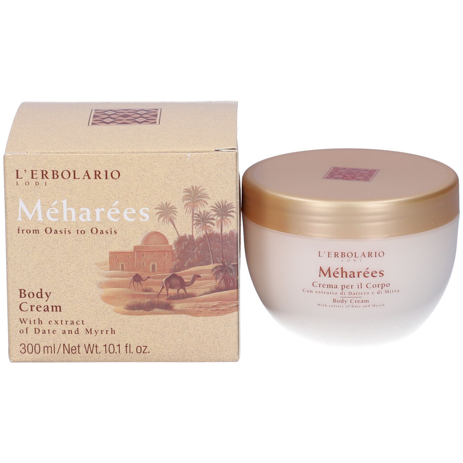 Cremebehälter und Karton. Aufschrift: L'Erbolario Méharées. Creme für den Körper. 300 ml.