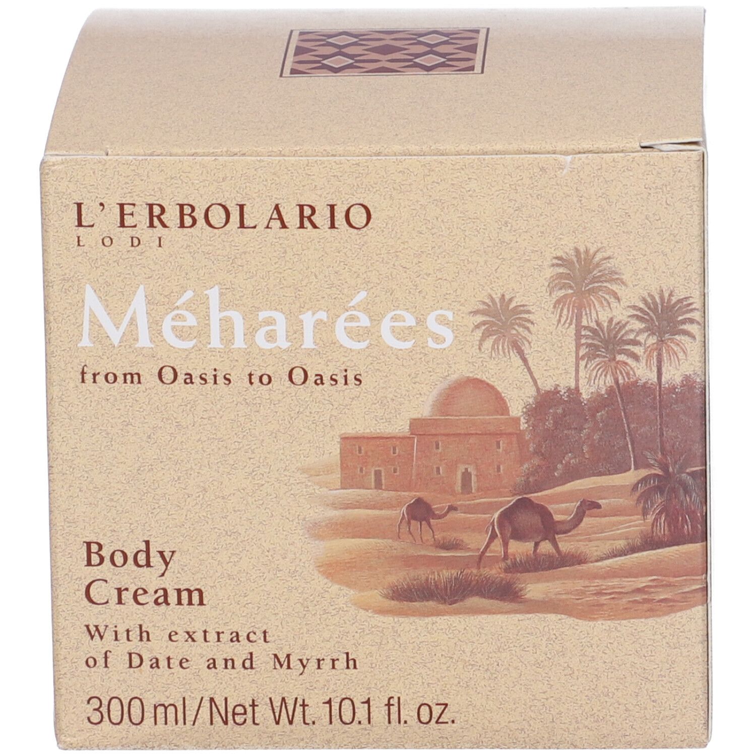 Karton. Aufschrift: L'Erbolario Méharées. Creme für den Körper. 300 ml.