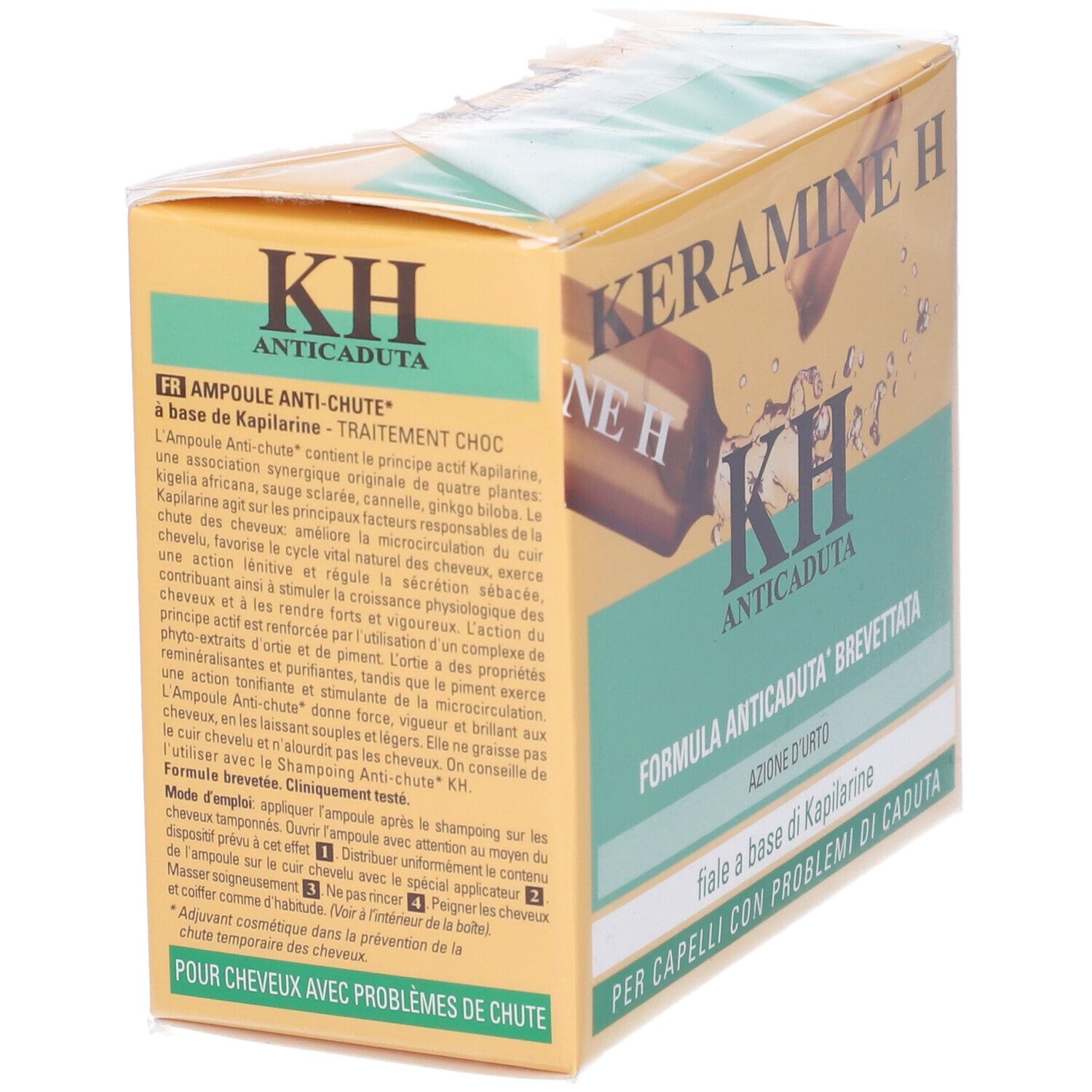 Verpackung für KH Keramine H Anti-Haarausfall Ampullen, mit Text in mehreren Sprachen.
