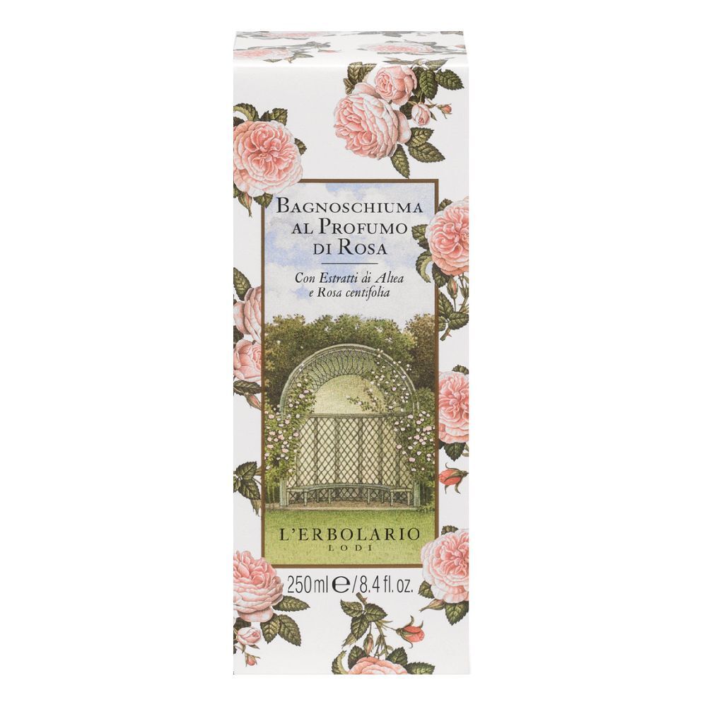 Verpackung für Badeschaum mit Rosenduft, 250ml, L'Erbolario Lodi.