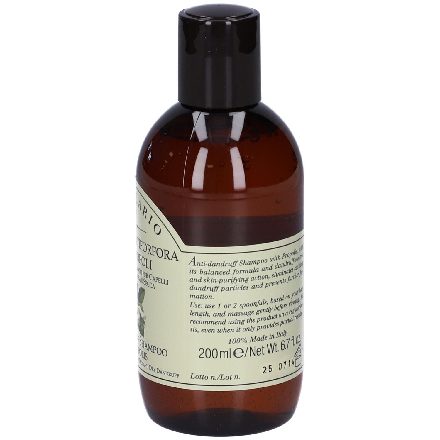 Braune Shampoo-Flasche mit schwarzem Deckel, Etikett mit Text und 200ml Angabe.