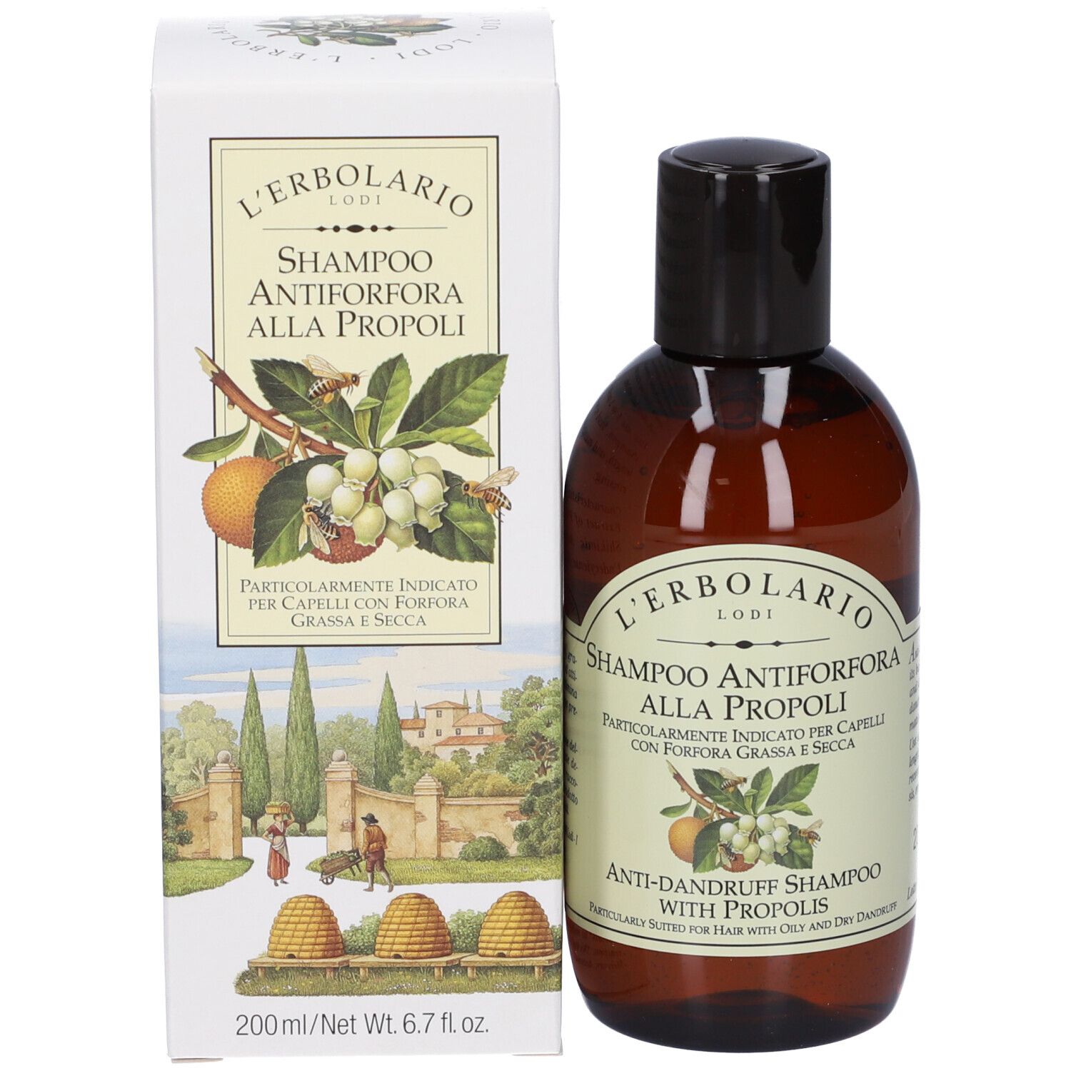 Shampoo-Flasche und Kartonverpackung mit Landschafts- und Bienenmotiv.