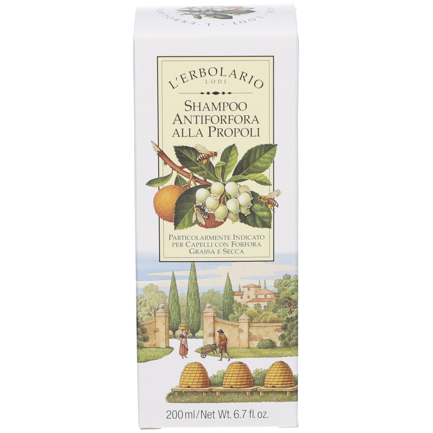 Kartonverpackung für Shampoo mit Landschafts- und Bienenmotiv, 200ml.