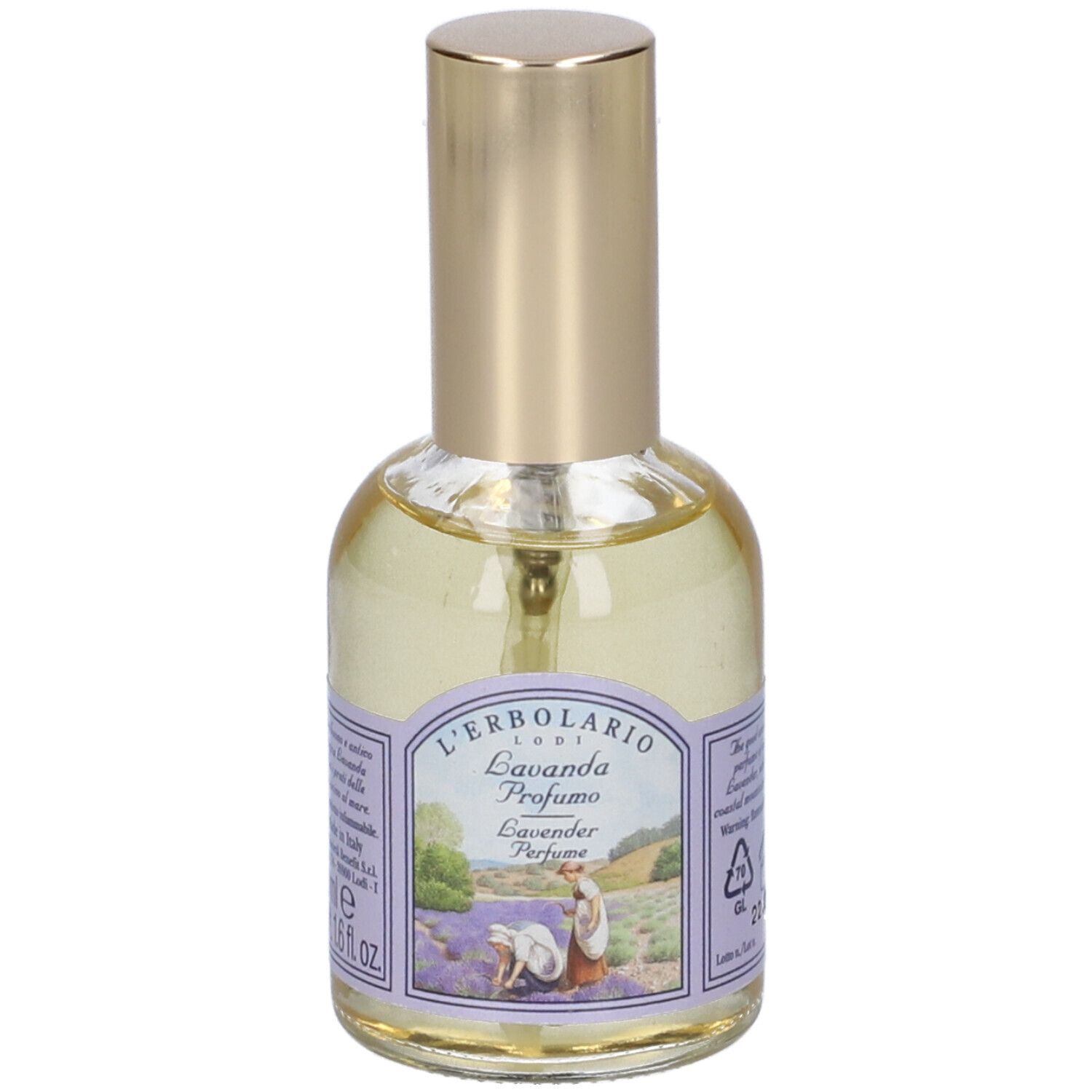L'Erbolario Lavanda Profumo Lavendel Parfüm in Glasflasche mit goldenem Verschluss.
