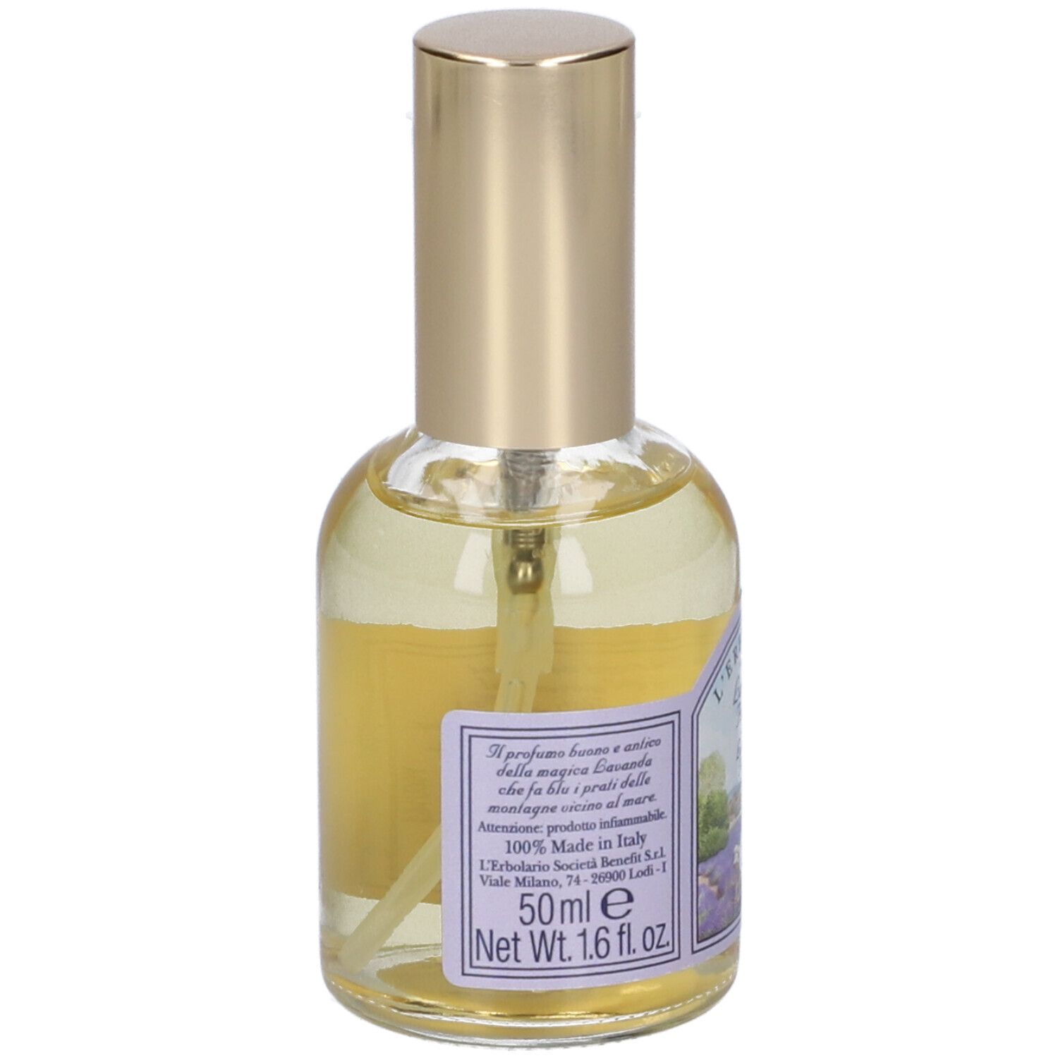 Glasflasche mit goldenem Verschluss, gefüllt mit gelblicher Flüssigkeit. Etikett mit Lavendelmotiv und Produktinformationen.