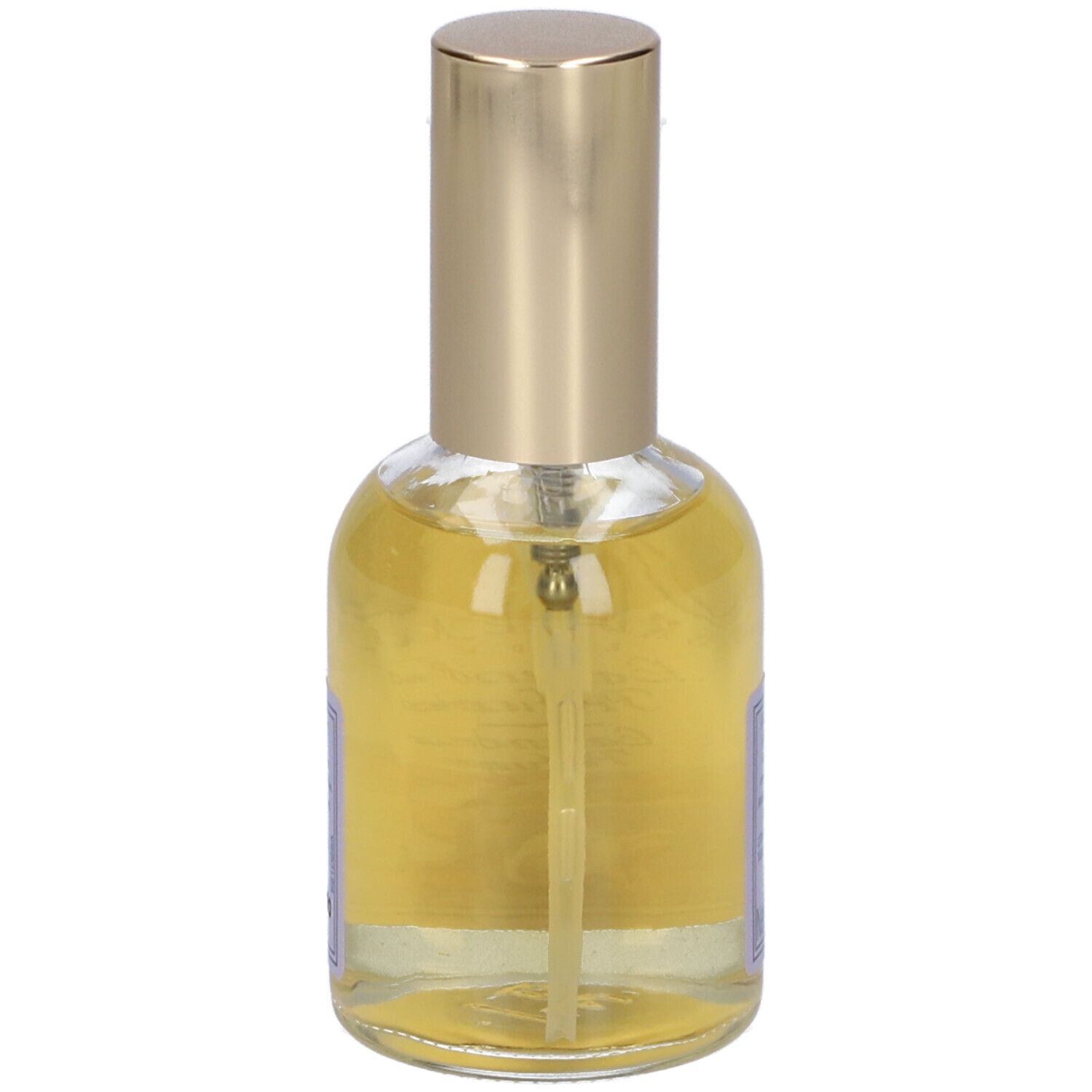 Klare Glasflasche mit goldenem Pumpspender, gefüllt mit gelblicher Flüssigkeit.