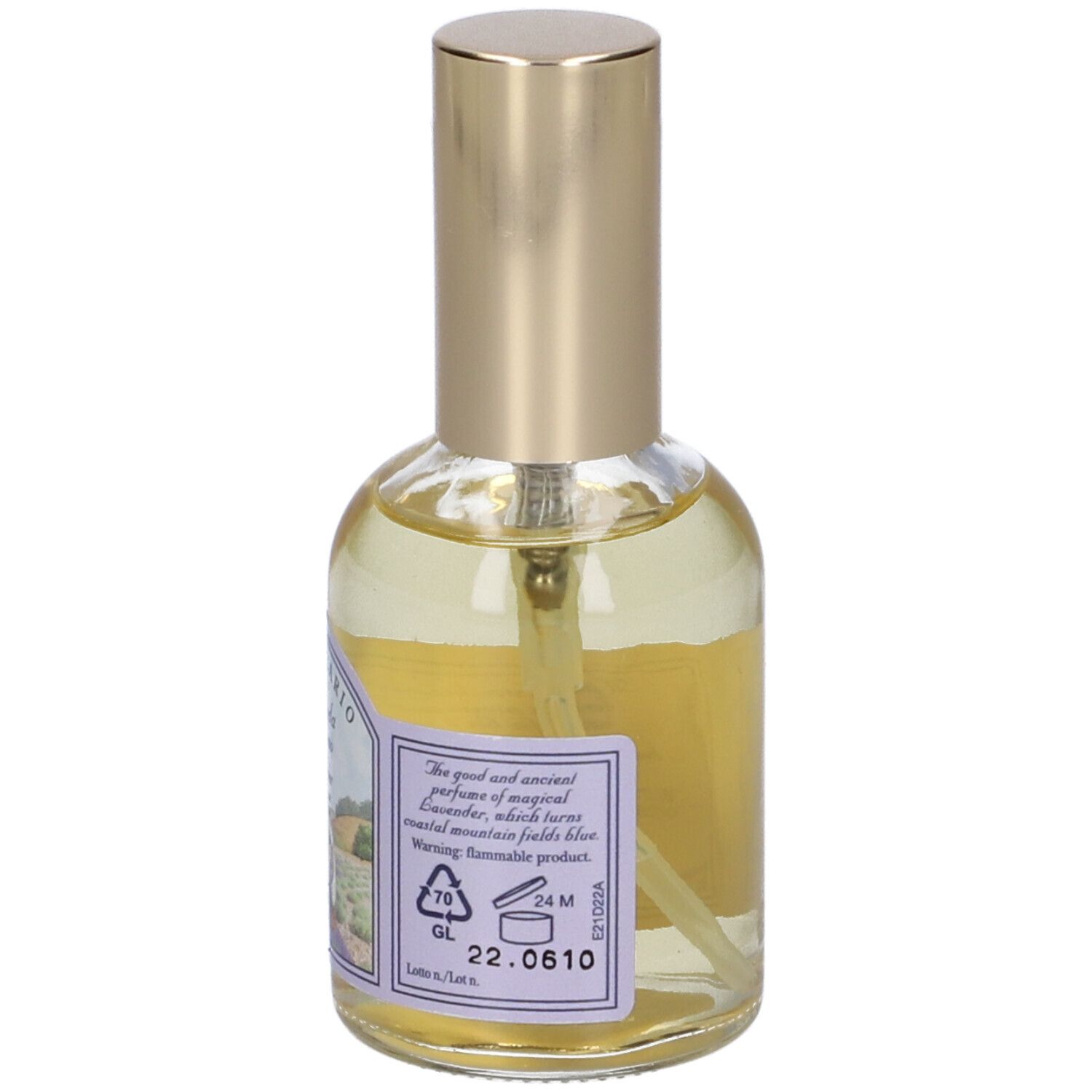 Glasflasche mit goldenem Zerstäuberaufsatz, gefüllt mit gelblicher Flüssigkeit. Etikett mit Text und Lavendelbild.