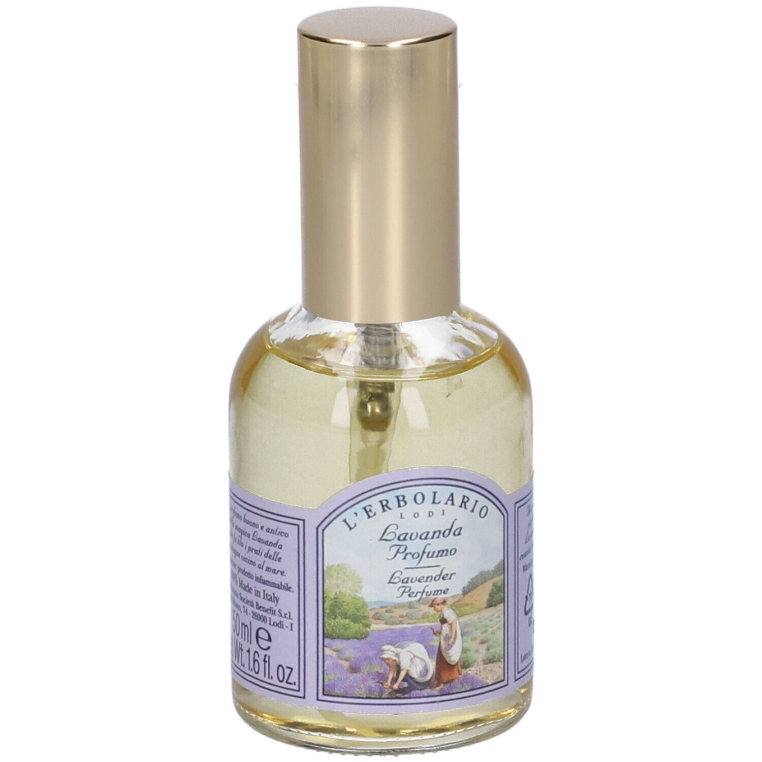 L'Erbolario Lavanda Profumo, Lavendelparfüm in Glasflasche mit goldenem Zerstäuber.