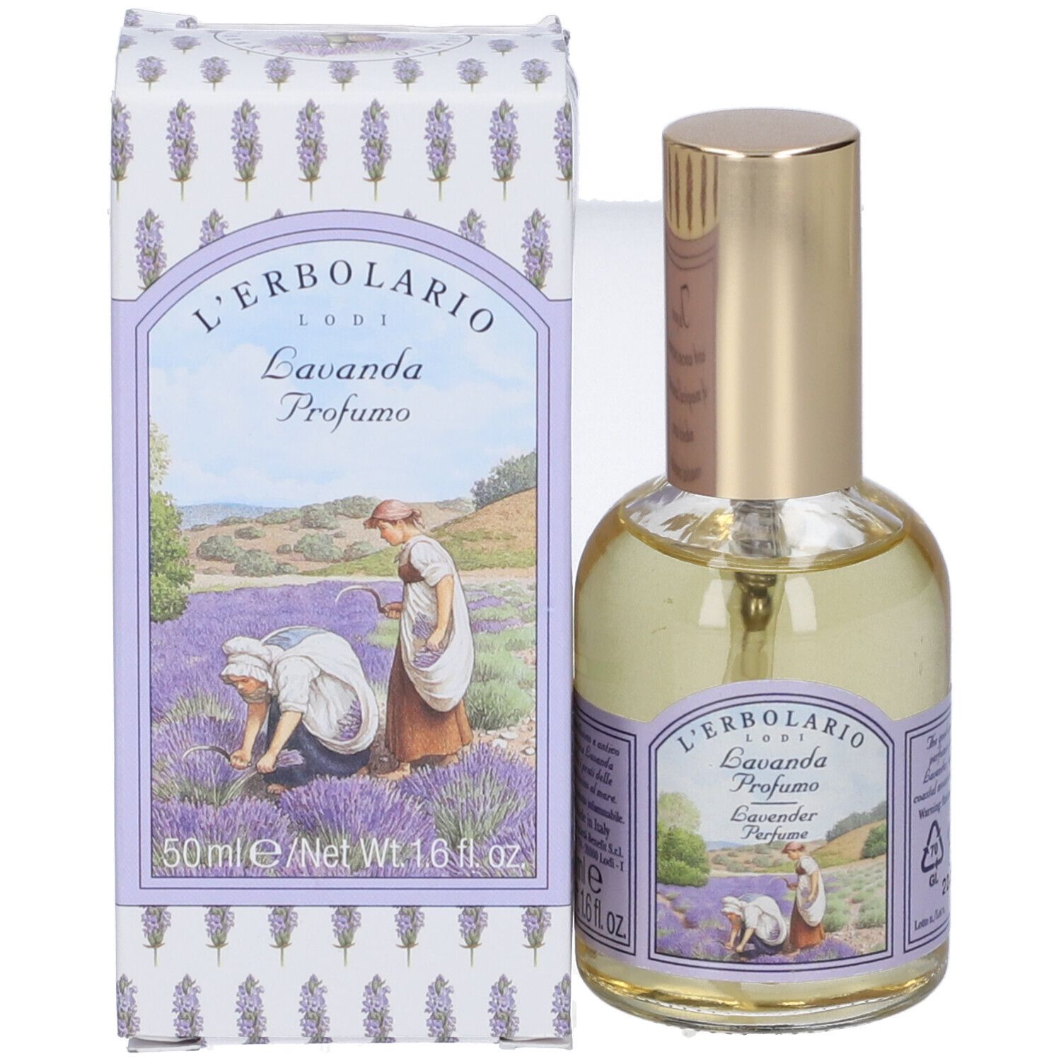 L'Erbolario Lavanda Profumo Eau de Parfum Flakon mit 50ml Inhalt und passender Faltschachtel. Goldfarbener Sprühkopf.