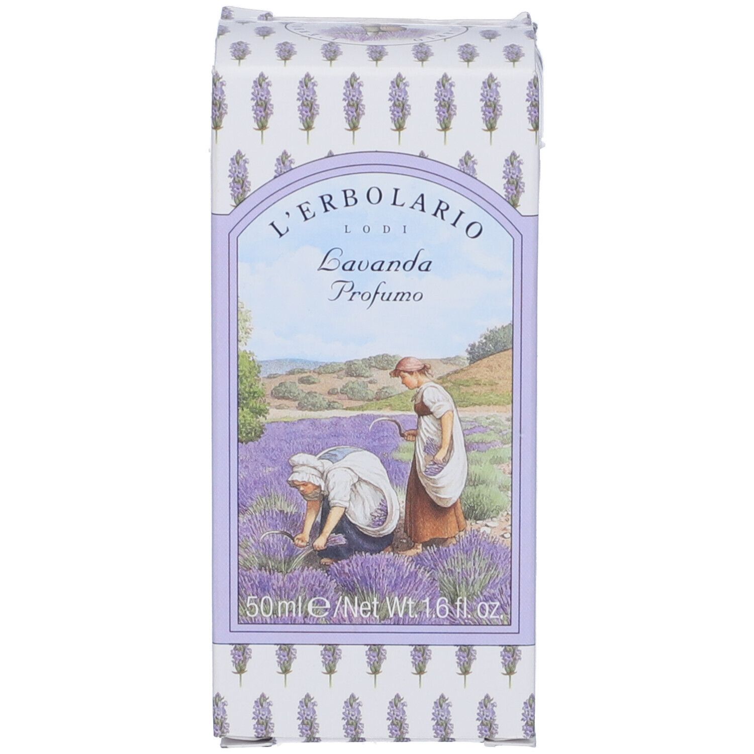 L'Erbolario Lavanda Profumo 50ml Flakon mit Lavendelfeld-Illustration.