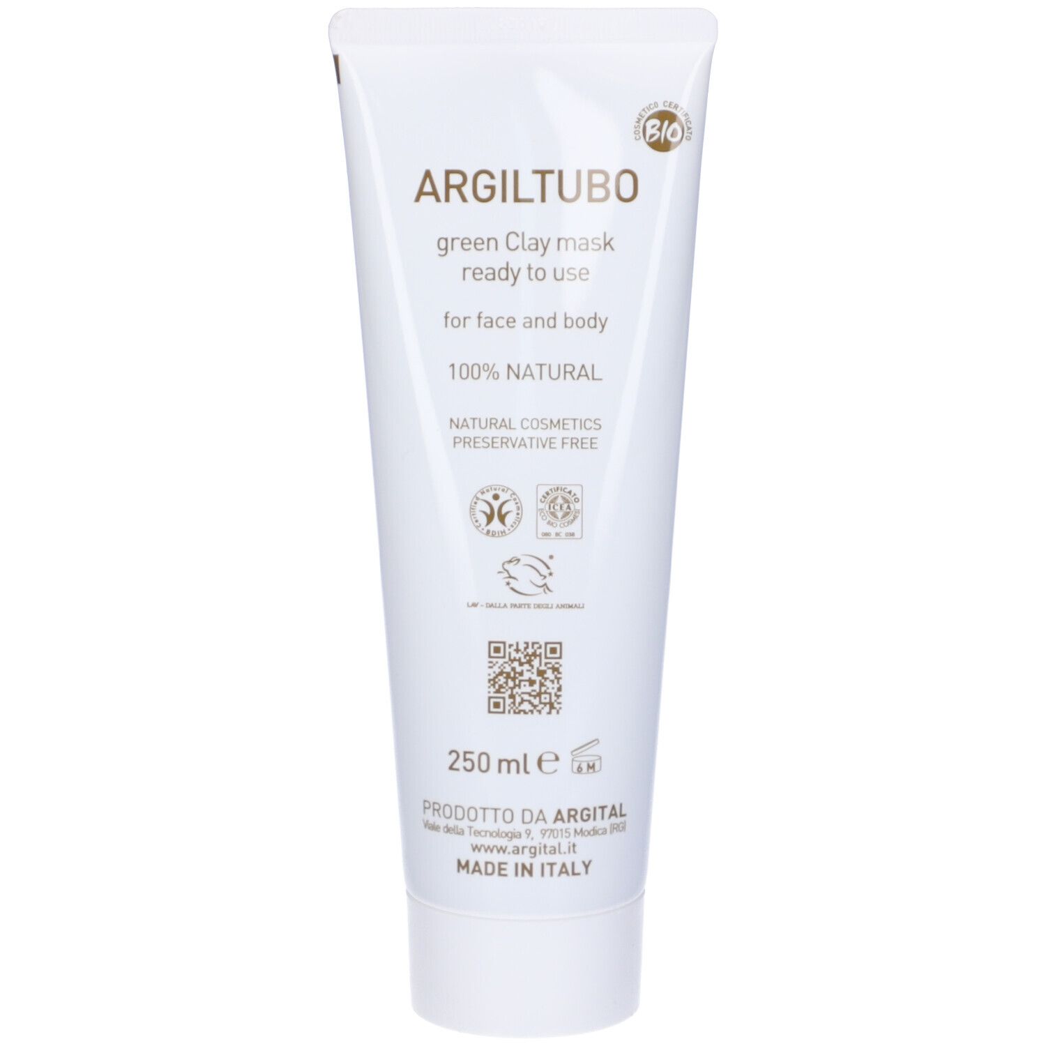 Weiße Tube mit Produktnamen und Logo. Text: 'green Clay mask ready to use' und '100% NATURAL'.