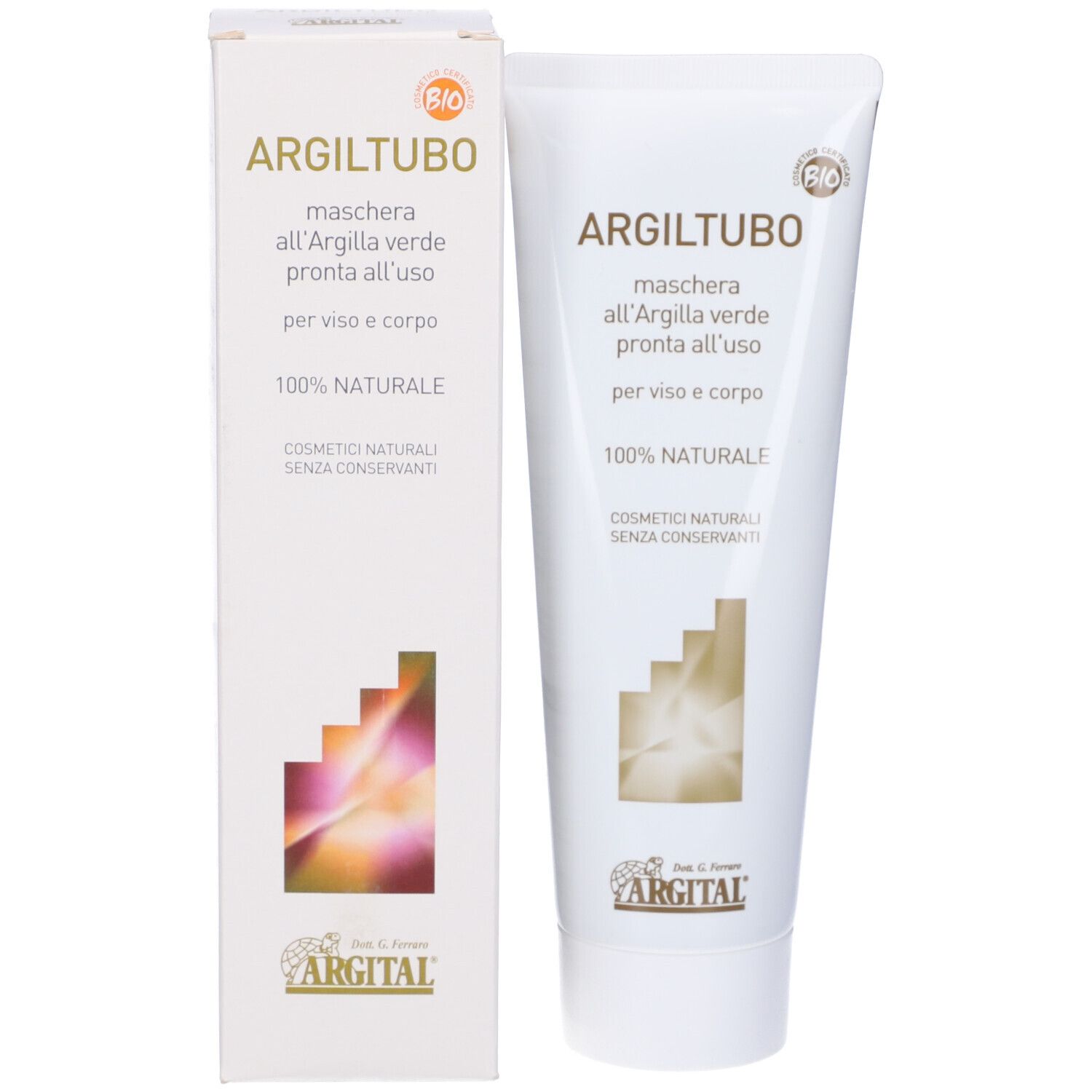 Weiße Tube und Karton mit Produktnamen und Logo. Text: 'Maschera all'Argilla verde' und '100% naturale'.