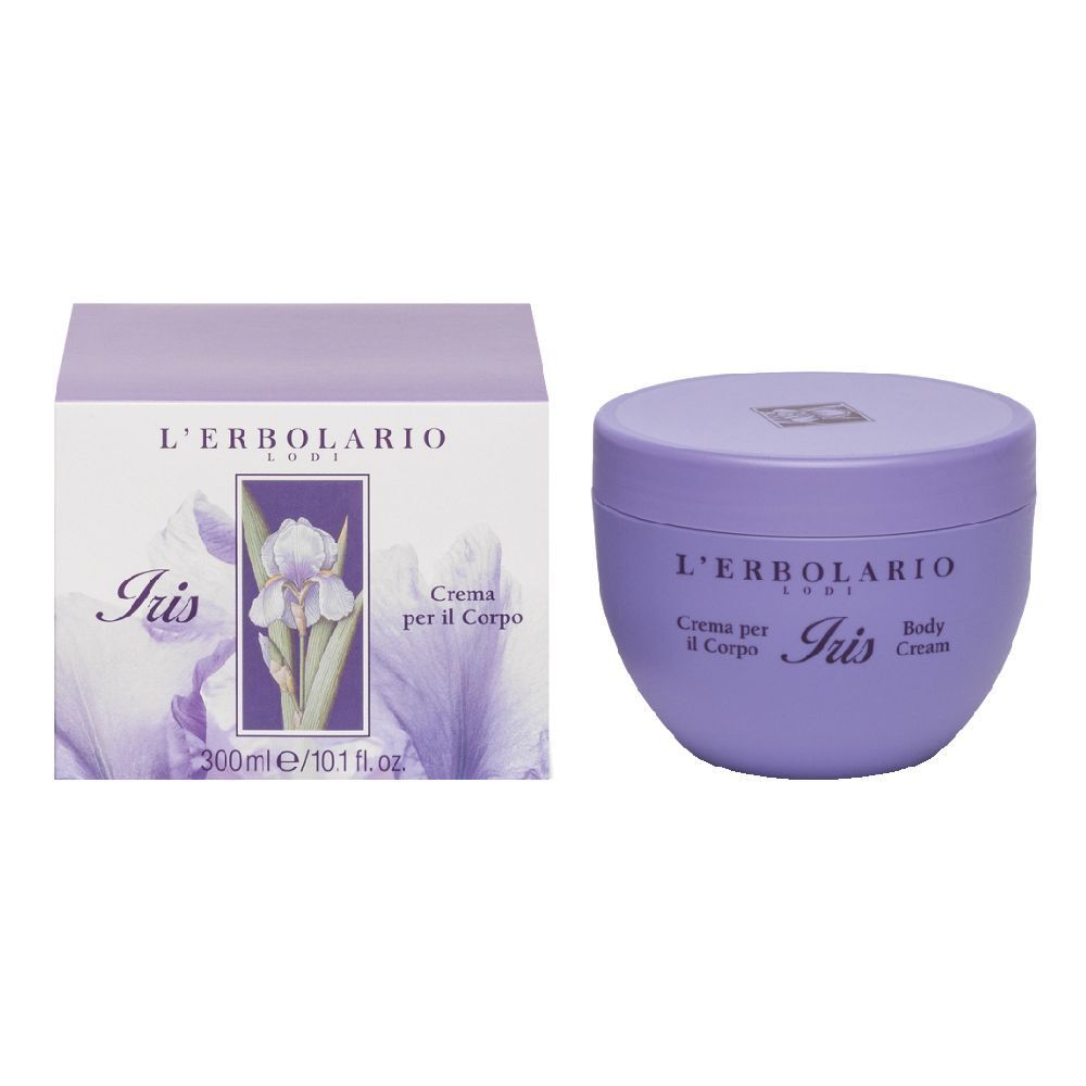 Lila Cremebehälter und Schachtel. Aufschrift: L'Erbolario, Iris, Crema per il Corpo, Body Cream. 300ml.