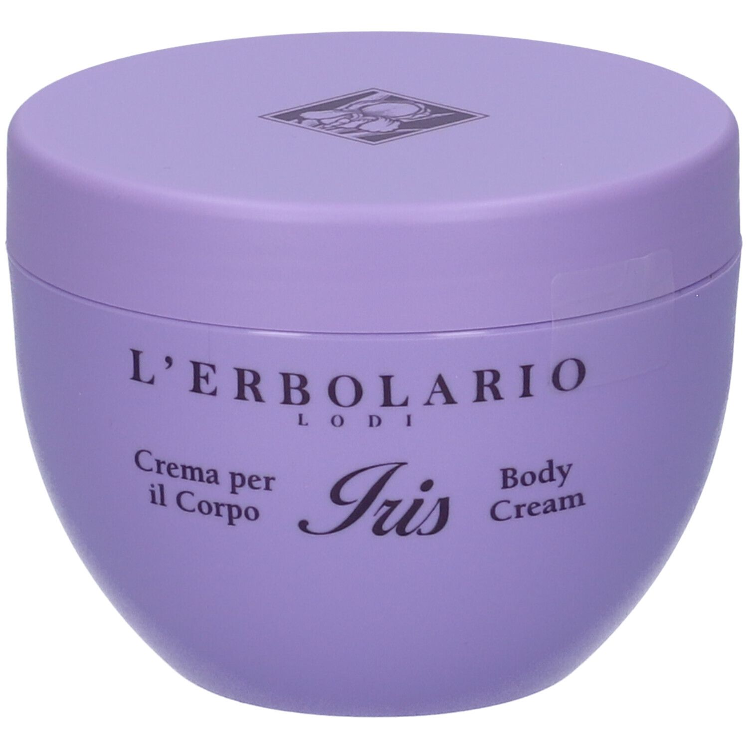 Lila Tiegel mit L'Erbolario Iris Körpercreme. Enthält Iris-Blumenmotiv und Produktinformationen.