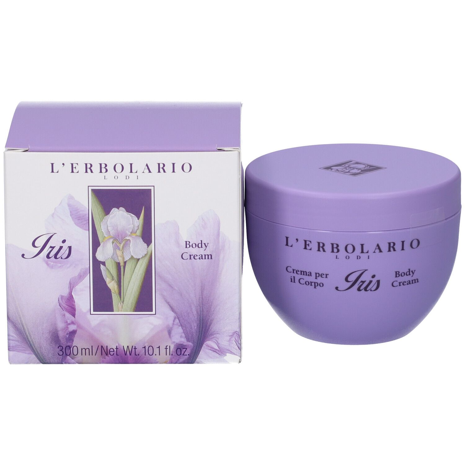 L'Erbolario Iris Körpercreme Tiegel neben seiner Verpackung. Die Box zeigt eine Irisblume und Produktinformationen.