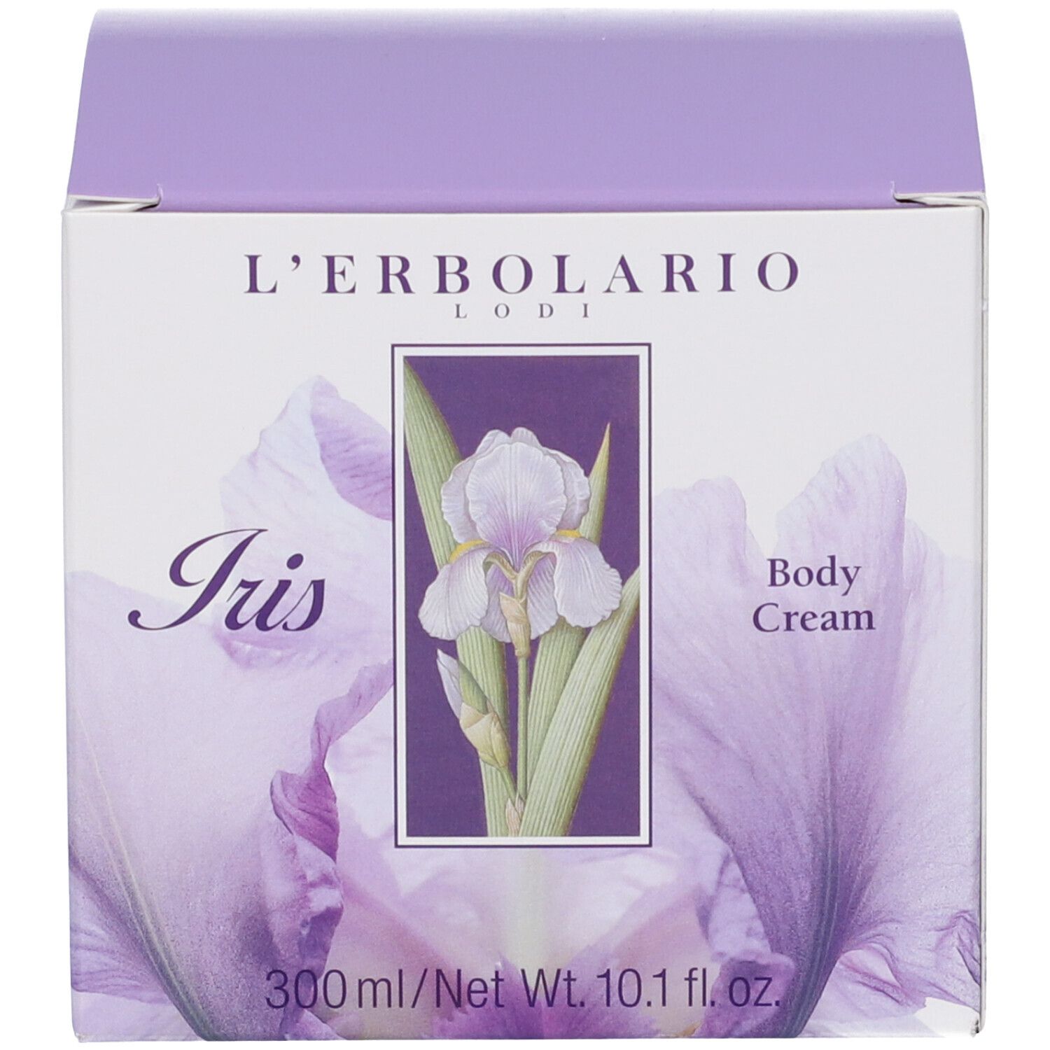 Verpackung der L'Erbolario Iris Körpercreme. Die Box zeigt eine Irisblume, den Markennamen und Produktinformationen.