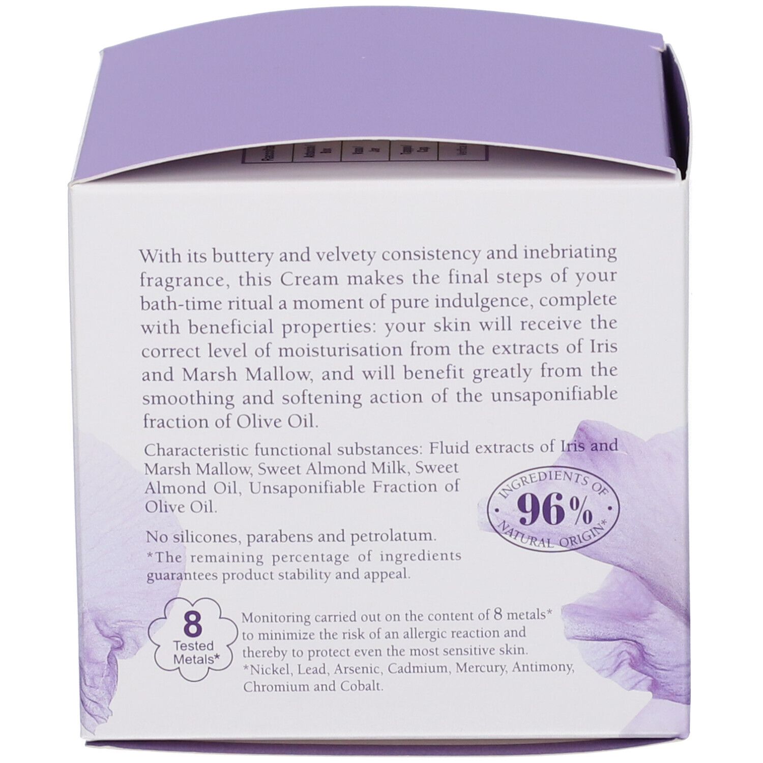 Rückseite der L'Erbolario Iris Körpercreme Verpackung. Enthält detaillierte Produktbeschreibung, Inhaltsstoffe und Zertifizierungen.