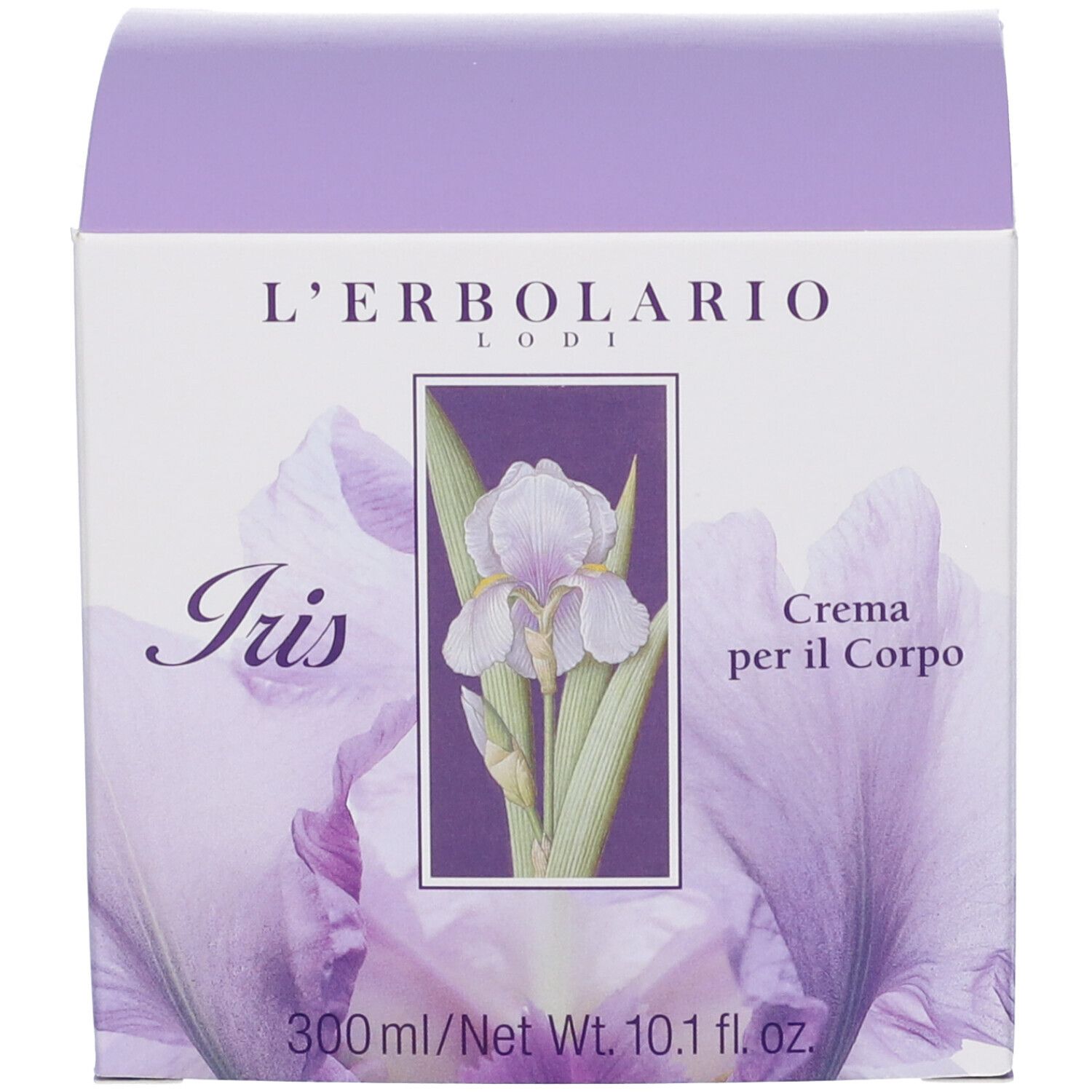 Vorderseite der L'Erbolario Iris Körpercreme Verpackung. Zeigt eine Irisblume, Produktname und Menge (300ml).