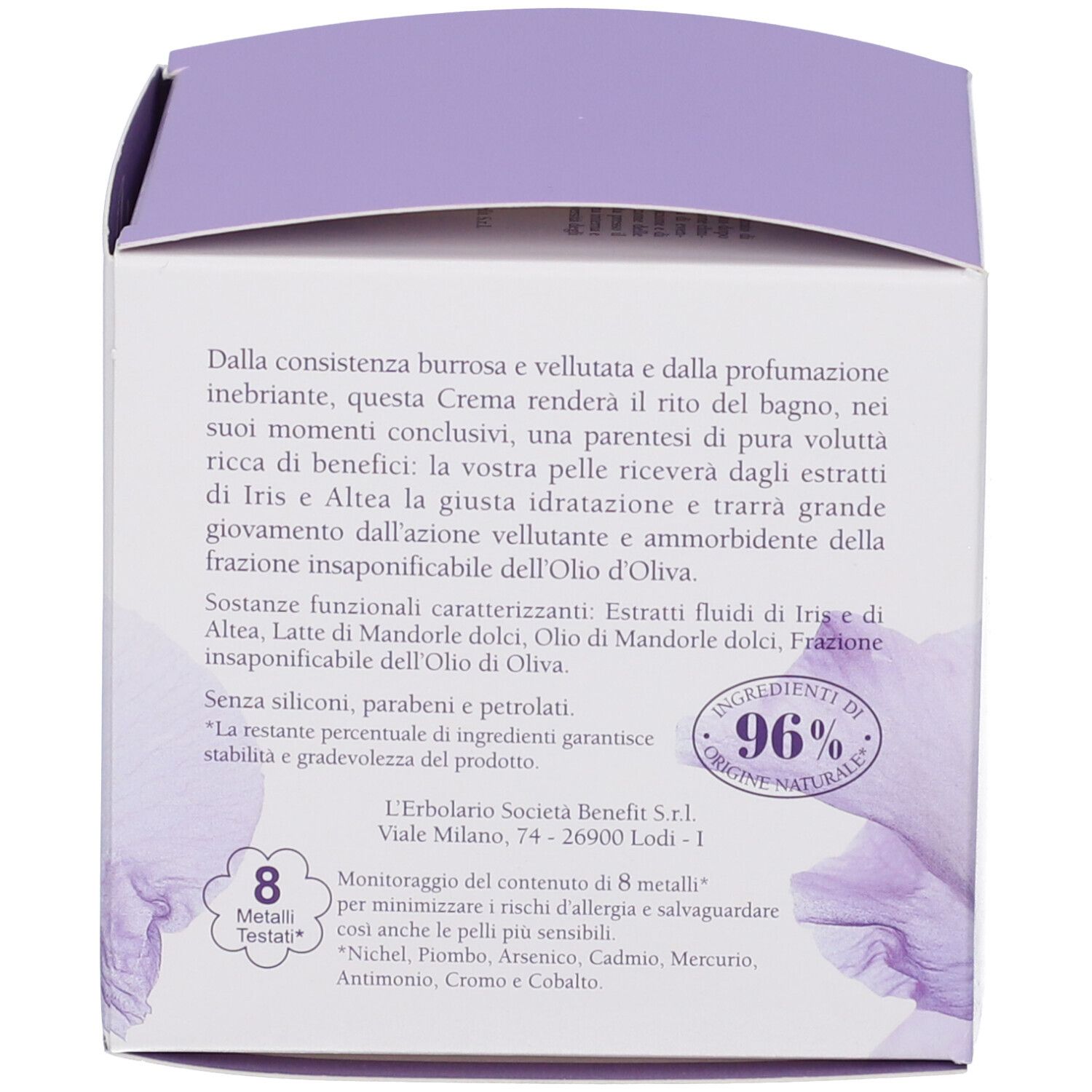 Seite der L'Erbolario Iris Körpercreme Verpackung. Zeigt eine Irisblume, Produktname und Menge (300ml).