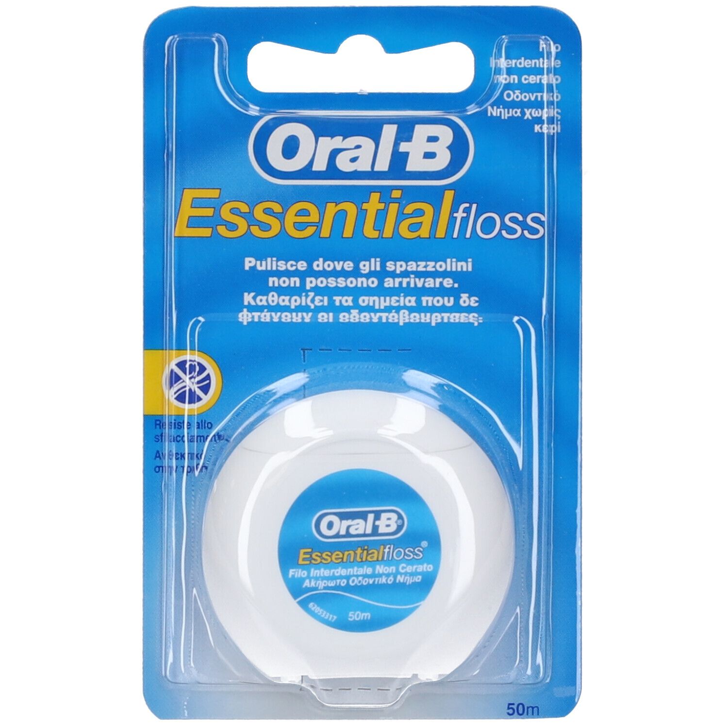 Blisterverpackung mit weißer Zahnseide-Rolle. Blaue und weiße Beschriftung: Oral-B Essentialfloss. 50m.